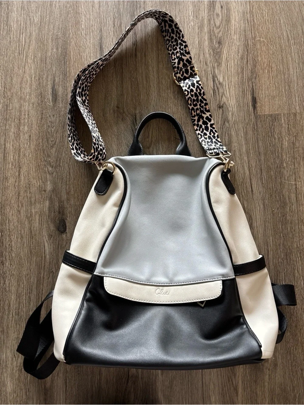 Tri-Tone Navy, White & Gray Leather Backpack with Leopard Strap